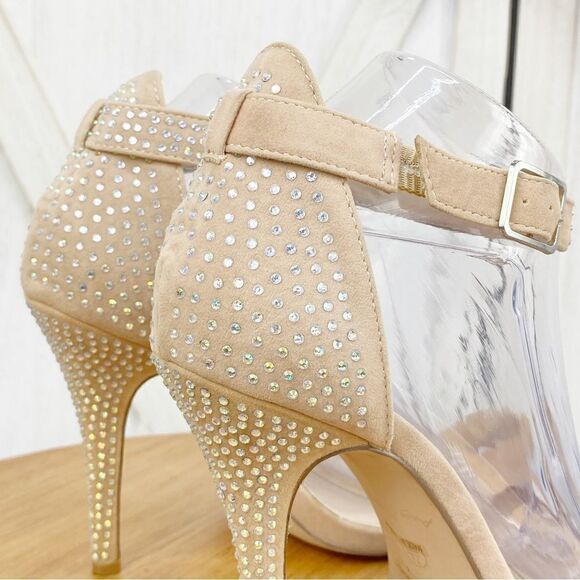 Anne Michelle Enzo Rhinestone Faux Suede Strappy Heels Tan Open Toe 7.5 - Picture 9 of 13